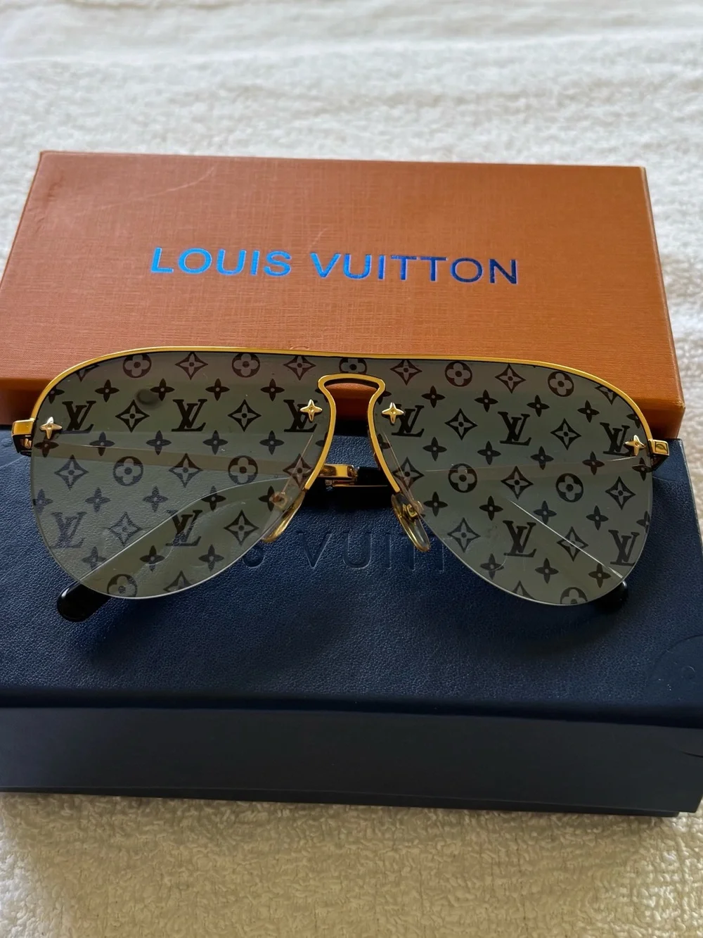 Louis Vuitton Gold-Tone Aviator Sunglasses with Blue Monogram Lenses